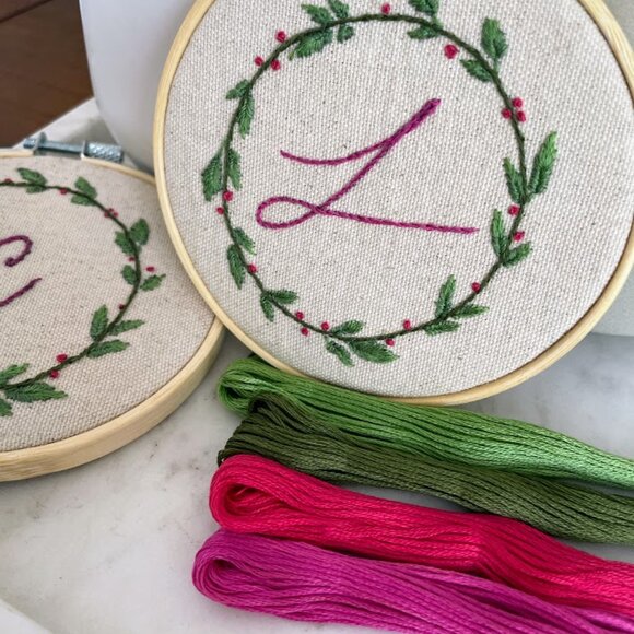 Hand Embroidered Wreath with Initial "X" - Picture 2 of 8